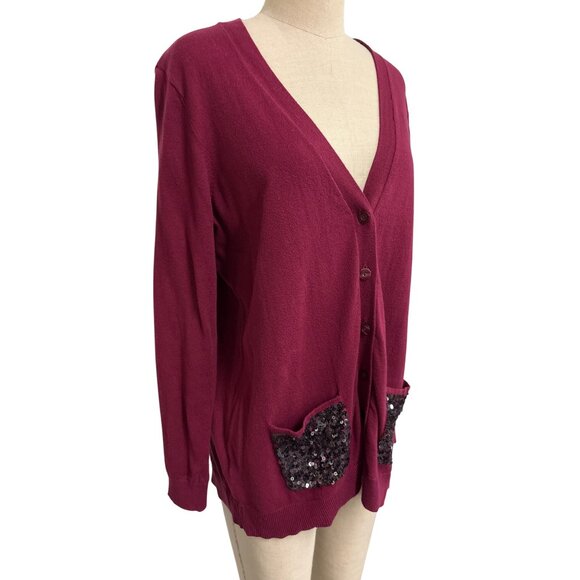 Loft Womens Burgundy Sequin Pocket Cardigan Sweater XL All Cotton Made In China - Picture 2 of 11